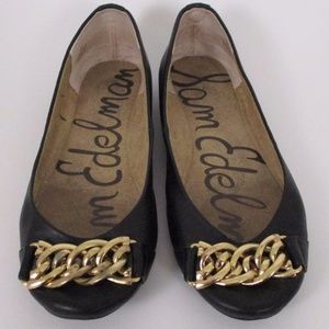 Sam Edelman 7 Black Leather Flats Gold Chain GUC